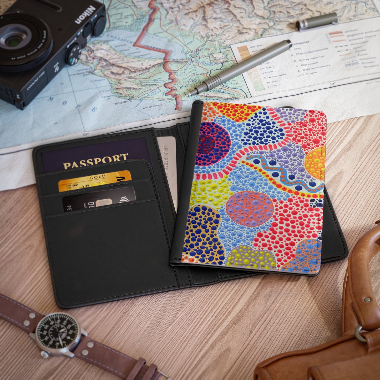 Fiesta+Dots Passport Cover — Colorful Aboriginal Dot Art Travel Wallet