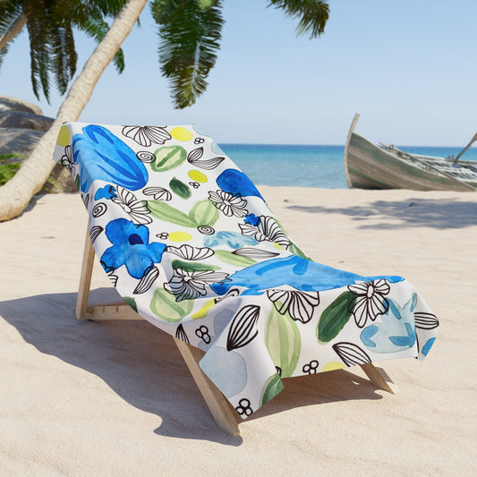 Blossom+Blue Beach Towel — Watercolor Blooms Summer Pool & Seaside Towel