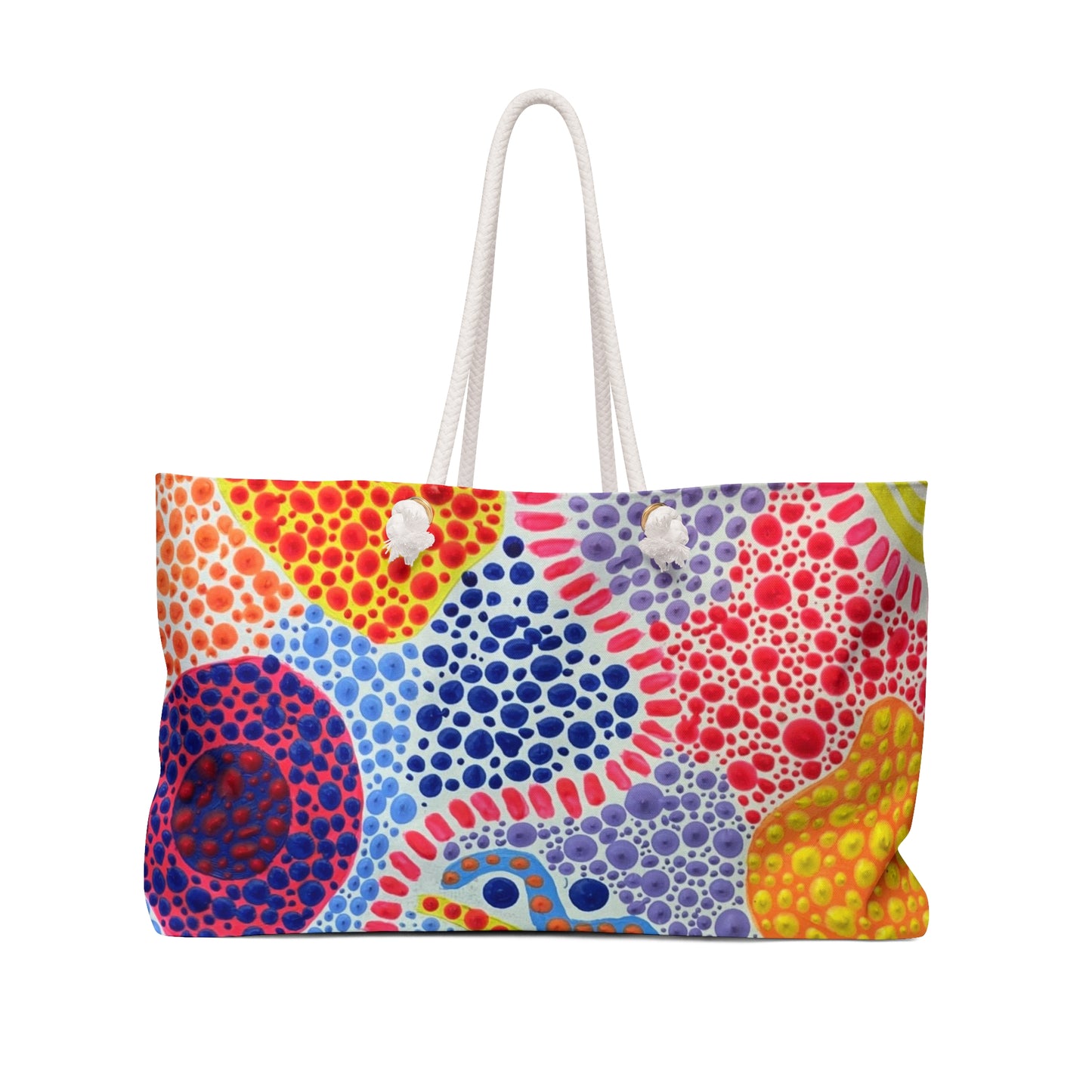 Our signature Fiesta+Dots pattern captures the spirit of festivity in functional form—bold, cheerful design that makes travel feel like a party. This isn't just a weekender—it's a portable burst of happiness that sparks smiles at the gym, airport, or farmer's market

A fun and colorful weekender bag designed for traveling adventures. This bag doesn't wrinkle or require ironing, making it perfect for spontaneous trips. The 27" long cotton rope handles and cream sheeting interior lining add a touch of luxury 